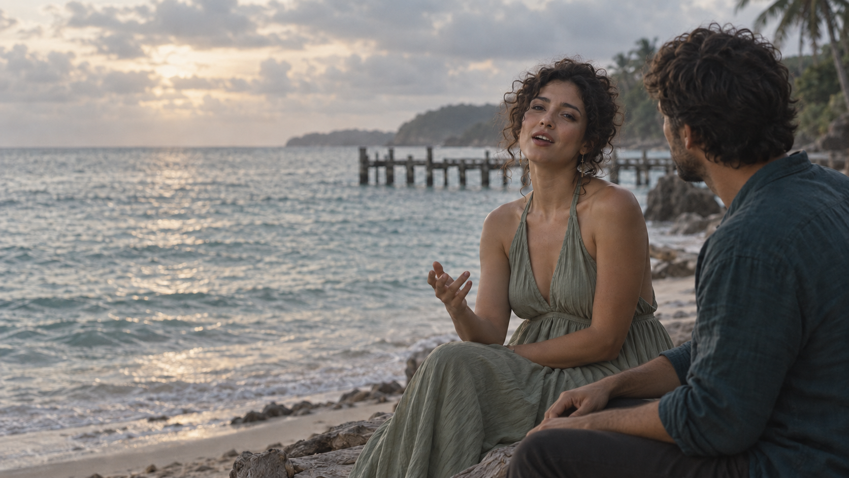 Original concept still of a fictional singer facing the lens beside a partner on a quiet beach.